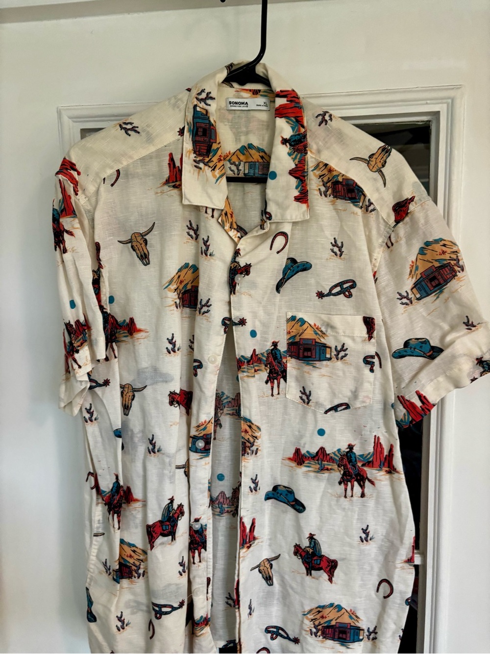 Sonoma Cream Western-Print Short Sleeve Button-Down Shirt